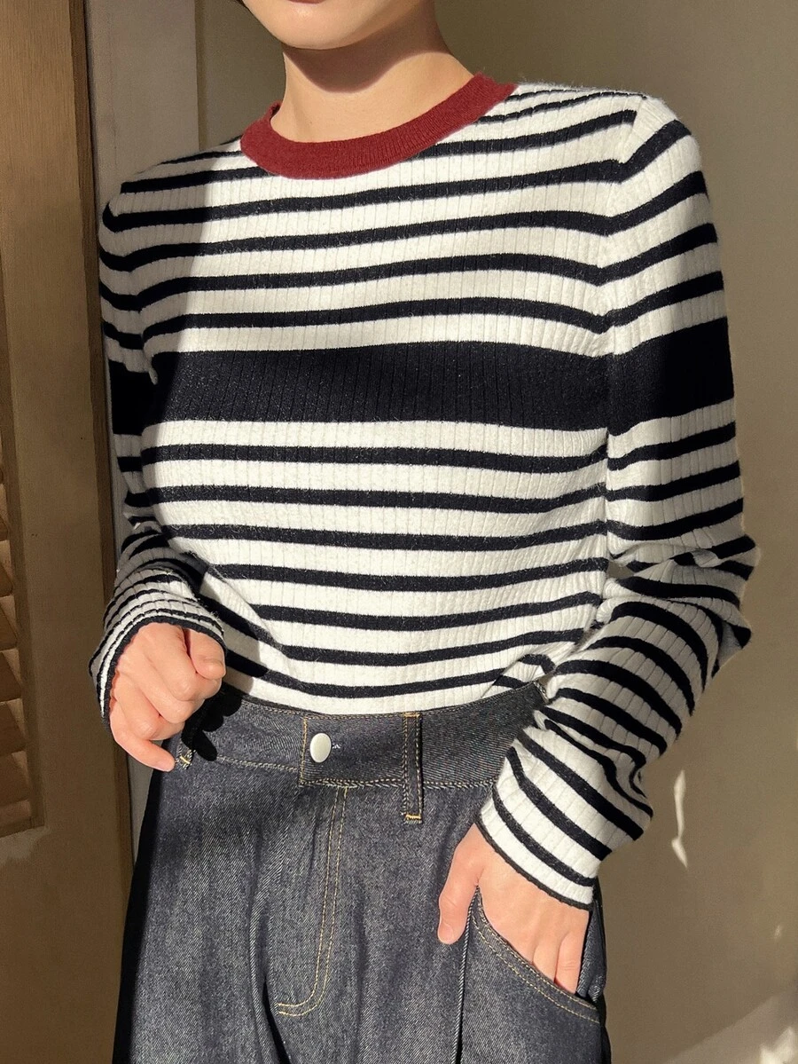 DAZY Striped Pattern Contrast Trim Sweater - Black and White - View 1