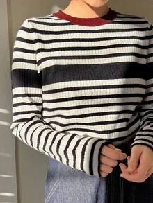 DAZY Striped Pattern Contrast Trim Sweater - Black and White - View 3