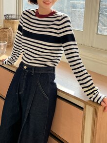 DAZY Striped Pattern Contrast Trim Sweater - Black and White - View 4