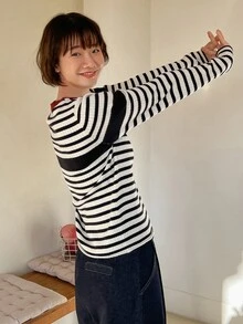 DAZY Striped Pattern Contrast Trim Sweater - Black and White - View 7