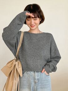 DAZY Solid Drop Shoulder Crop Jumper - Grey - View 1