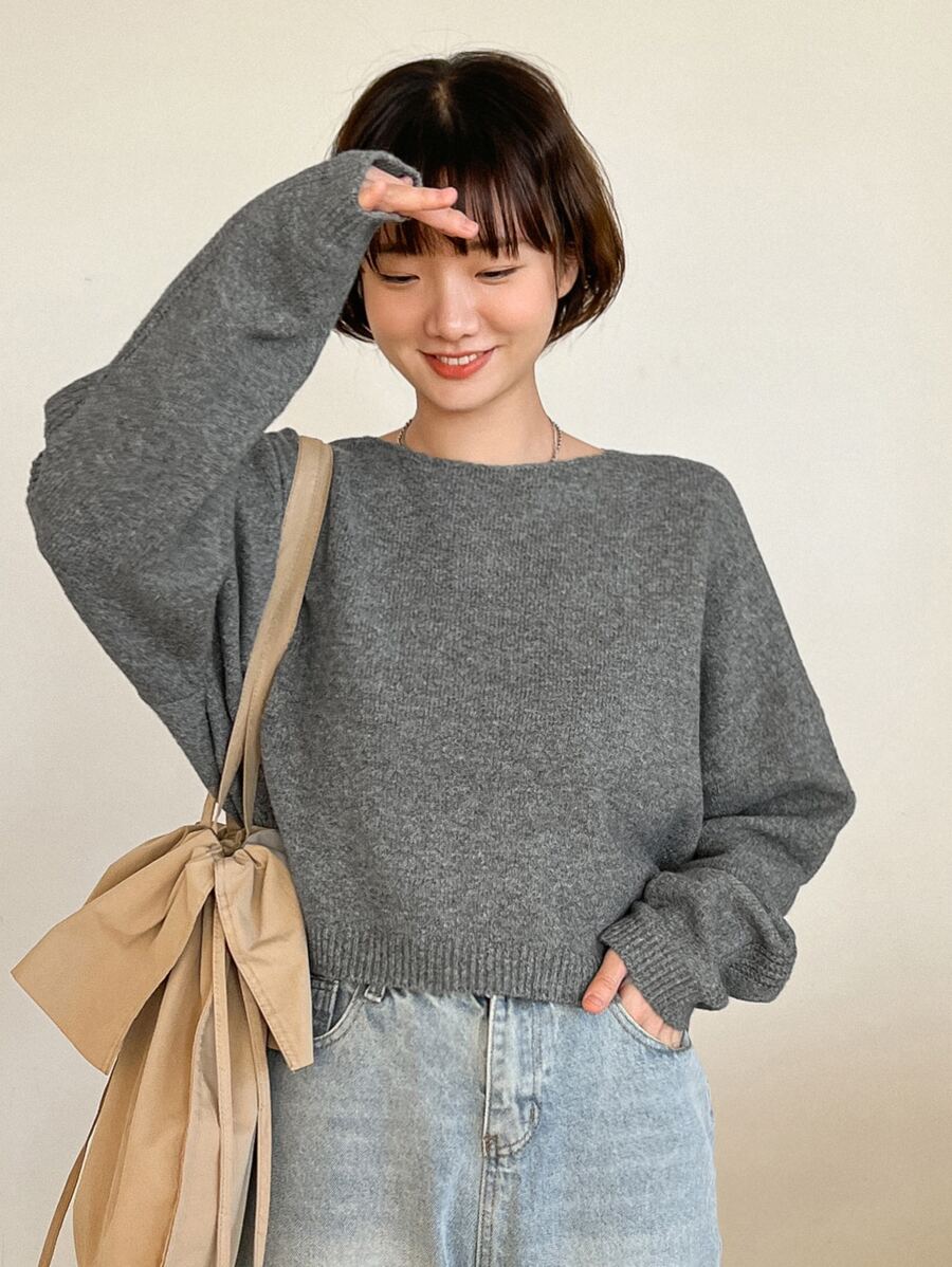 DAZY Solid Drop Shoulder Crop Jumper - Grey - View 1