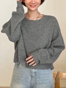 DAZY Solid Drop Shoulder Crop Jumper - Grey - View 5