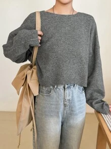 DAZY Solid Drop Shoulder Crop Jumper - Grey - View 7