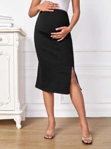 SHEIN Maternity Adjustable Waist Split Hem Denim Skirt - Black - View 4
