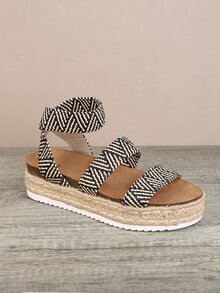 多顏色編織條帶厚底涼鞋 - 黑色 - 查看 2