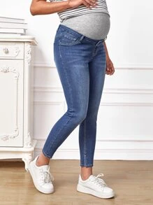 SHEIN Maternity Wideband Waist Bleach Wash Skinny Jeans - Medium Wash - View 1