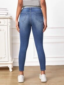 SHEIN Maternity Wideband Waist Bleach Wash Skinny Jeans - Medium Wash - View 3