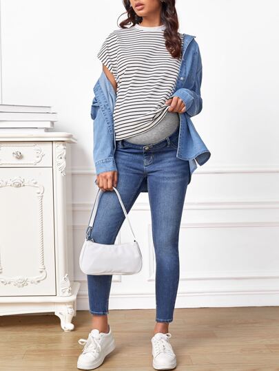 SHEIN Maternity Wideband Waist Bleach Wash Skinny Jeans