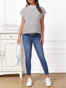 SHEIN Maternity Wideband Waist Bleach Wash Skinny Jeans - Medium Wash - View 6