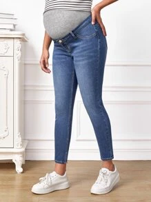 SHEIN Maternity Wideband Waist Bleach Wash Skinny Jeans - Medium Wash - View 4
