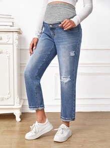 SHEIN Maternity Wideband Waist Ripped Frayed Bleach Wash Jeans - Medium Wash - View 1