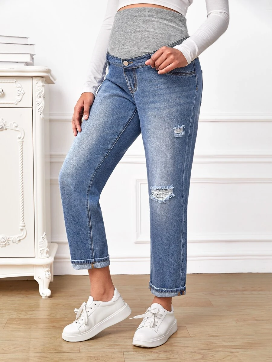 SHEIN Maternity Wideband Waist Ripped Frayed Bleach Wash Jeans - Medium Wash - View 1