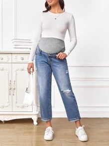 SHEIN Maternity Wideband Waist Ripped Frayed Bleach Wash Jeans - Medium Wash - View 2