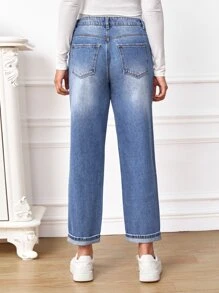 SHEIN Maternity Wideband Waist Ripped Frayed Bleach Wash Jeans - Medium Wash - View 3