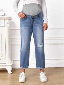 SHEIN Maternity Wideband Waist Ripped Frayed Bleach Wash Jeans - Medium Wash - View 5