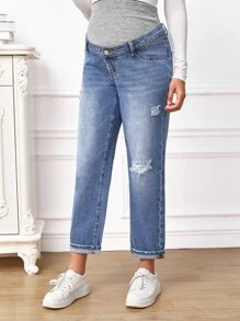 SHEIN Maternity Wideband Waist Ripped Frayed Bleach Wash Jeans - Medium Wash - View 6