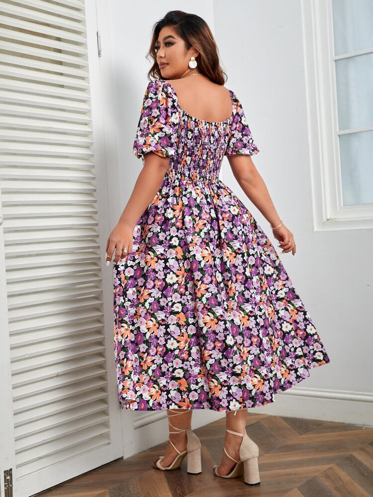 SHEIN VCAY 大碼滿版印花方領泡泡袖荷葉邊連衣裙 - 彩色 - 查看 2