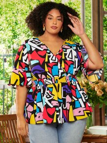 SHEIN CURVE+ Áo sơ mi Plus Size Xù Viên lá sen Trọn gói Dải chun Hình học Boho - Nhiều màu - Xem 2