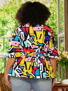 SHEIN CURVE+ Áo sơ mi Plus Size Xù Viên lá sen Trọn gói Dải chun Hình học Boho - Nhiều màu - Xem 3