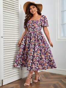 SHEIN VCAY Plus Allover Floral Print Square Neck Puff Sleeve Ruffle Hem Dress - Multicolor - View 4
