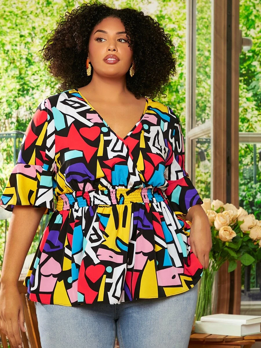SHEIN CURVE+ Áo sơ mi Plus Size Xù Viên lá sen Trọn gói Dải chun Hình học Boho - Nhiều màu - Xem 1
