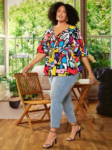SHEIN CURVE+ Áo sơ mi Plus Size Xù Viên lá sen Trọn gói Dải chun Hình học Boho - Nhiều màu - Xem 4