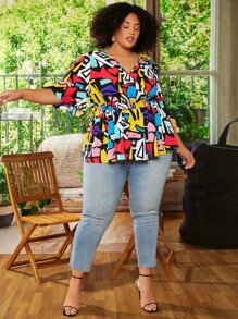 SHEIN CURVE+ Áo sơ mi Plus Size Xù Viên lá sen Trọn gói Dải chun Hình học Boho - Nhiều màu - Xem 5