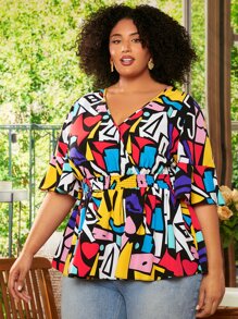 SHEIN CURVE+ Áo sơ mi Plus Size Xù Viên lá sen Trọn gói Dải chun Hình học Boho - Nhiều màu - Xem 6