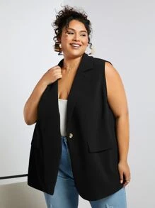 SHEIN CURVE+ 大碼單釦馬甲西裝外套 - 黑色 - 查看 8