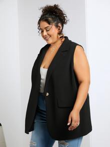 SHEIN CURVE+ 大碼單釦馬甲西裝外套 - 黑色 - 查看 5