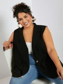 SHEIN CURVE+ 大碼單釦馬甲西裝外套 - 黑色 - 查看 6