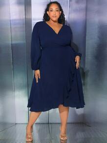 SHEIN CURVE+ Vestido de manga farol ribete con fruncido cruzado lado - Azul Marino - Ver 3