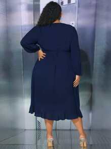 SHEIN CURVE+ Vestido de manga farol ribete con fruncido cruzado lado - Azul Marino - Ver 4