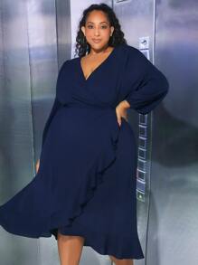 SHEIN CURVE+ Vestido de manga farol ribete con fruncido cruzado lado - Azul Marino - Ver 6