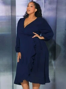 SHEIN CURVE+ Vestido de manga farol ribete con fruncido cruzado lado - Azul Marino - Ver 1