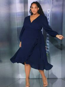 SHEIN CURVE+ Vestido de manga farol ribete con fruncido cruzado lado - Azul Marino - Ver 2