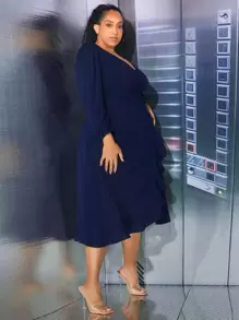 SHEIN CURVE+ Vestido de manga farol ribete con fruncido cruzado lado - Azul Marino - Ver 7