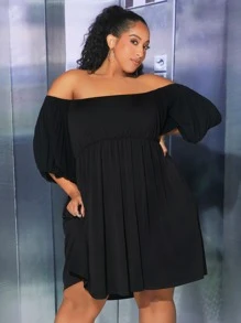 SHEIN CURVE+ Plus Off Shoulder Lantern Sleeve Dress - Black - View 3