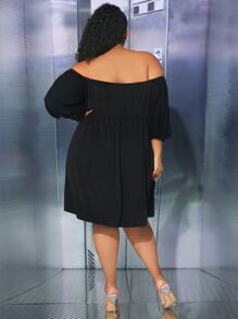 SHEIN CURVE+ Plus Off Shoulder Lantern Sleeve Dress - Black - View 4