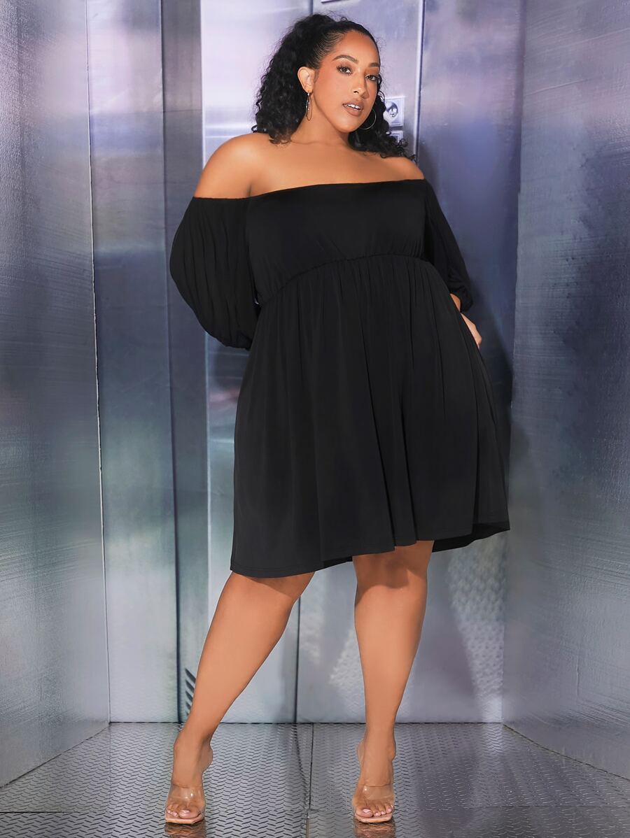 SHEIN CURVE+ Plus Off Shoulder Lantern Sleeve Dress - Black - View 1