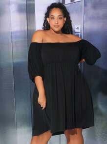 SHEIN CURVE+ Plus Off Shoulder Lantern Sleeve Dress - Black - View 5