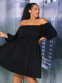 SHEIN CURVE+ Plus Off Shoulder Lantern Sleeve Dress - Black - View 2