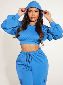 SHEIN SXY Solid Crop Hoodie - Blue - View 1