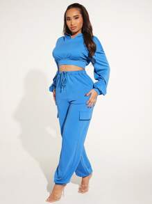 SHEIN SXY Solid Crop Hoodie - Blue - View 5