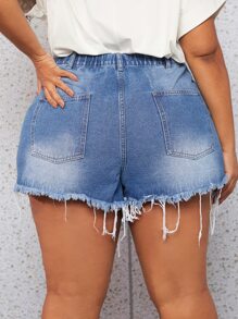 SHEIN CURVE+ Plus Button Fly Ripped Raw Trim Denim Skort - Medium Wash - View 2