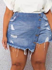 SHEIN CURVE+ Plus Button Fly Ripped Raw Trim Denim Skort - Medium Wash - View 6