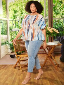 SHEIN CURVE+ Plus Brush Print Batwing Sleeve Blouse - Multicolor - View 3