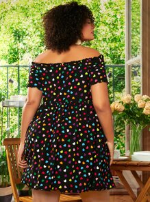 SHEIN CURVE+ Plus Polka Dot Off Shoulder Dress - Multicolor - View 2