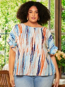 SHEIN CURVE+ Plus Brush Print Batwing Sleeve Blouse - Multicolor - View 4